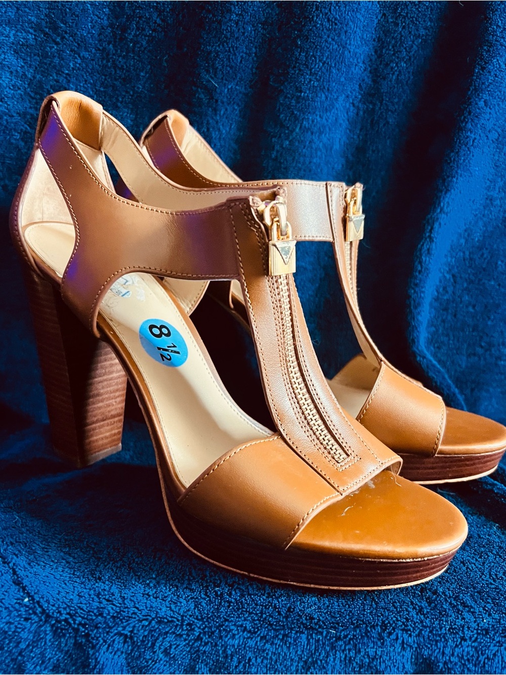 Michael Kors Tan T-Strap Platform Block Heels with Front Zipper